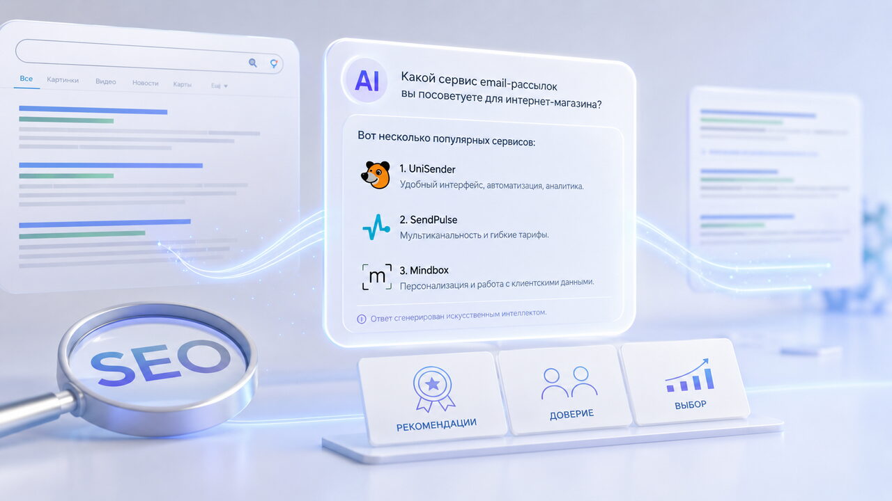 Иллюстрация перехода от поисковой выдачи к ответам искусственного интеллекта с рекомендациями брендов