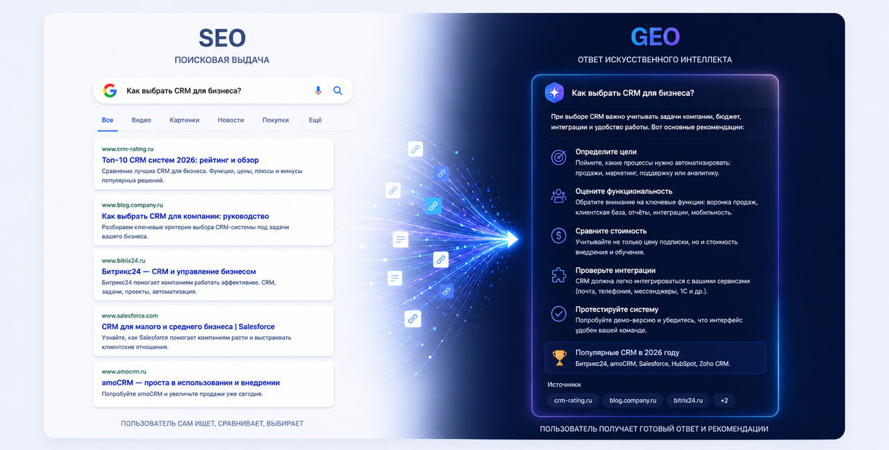 Сравнение традиционного SEO и генеративного AI-поиска (GEO)